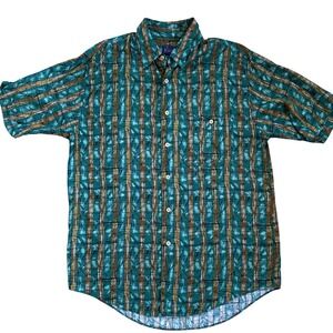Vintage Basic Editions Mens Short Sleeve Button Down Shirt Teal Brown Abstract M